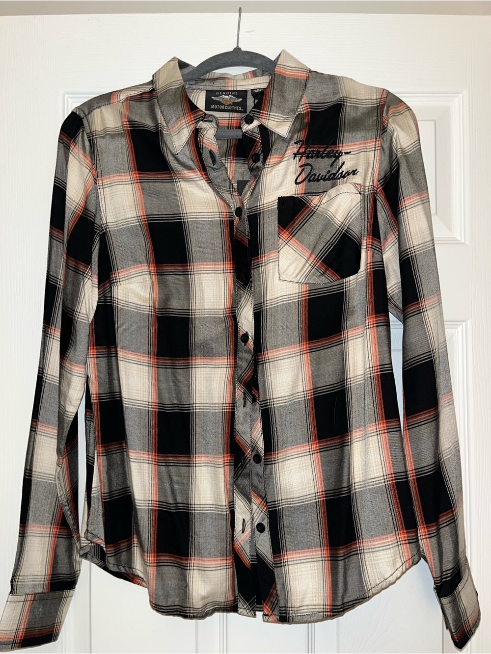 Harley-Davidson Black, Cream & Orange Plaid Button-Down Shirt